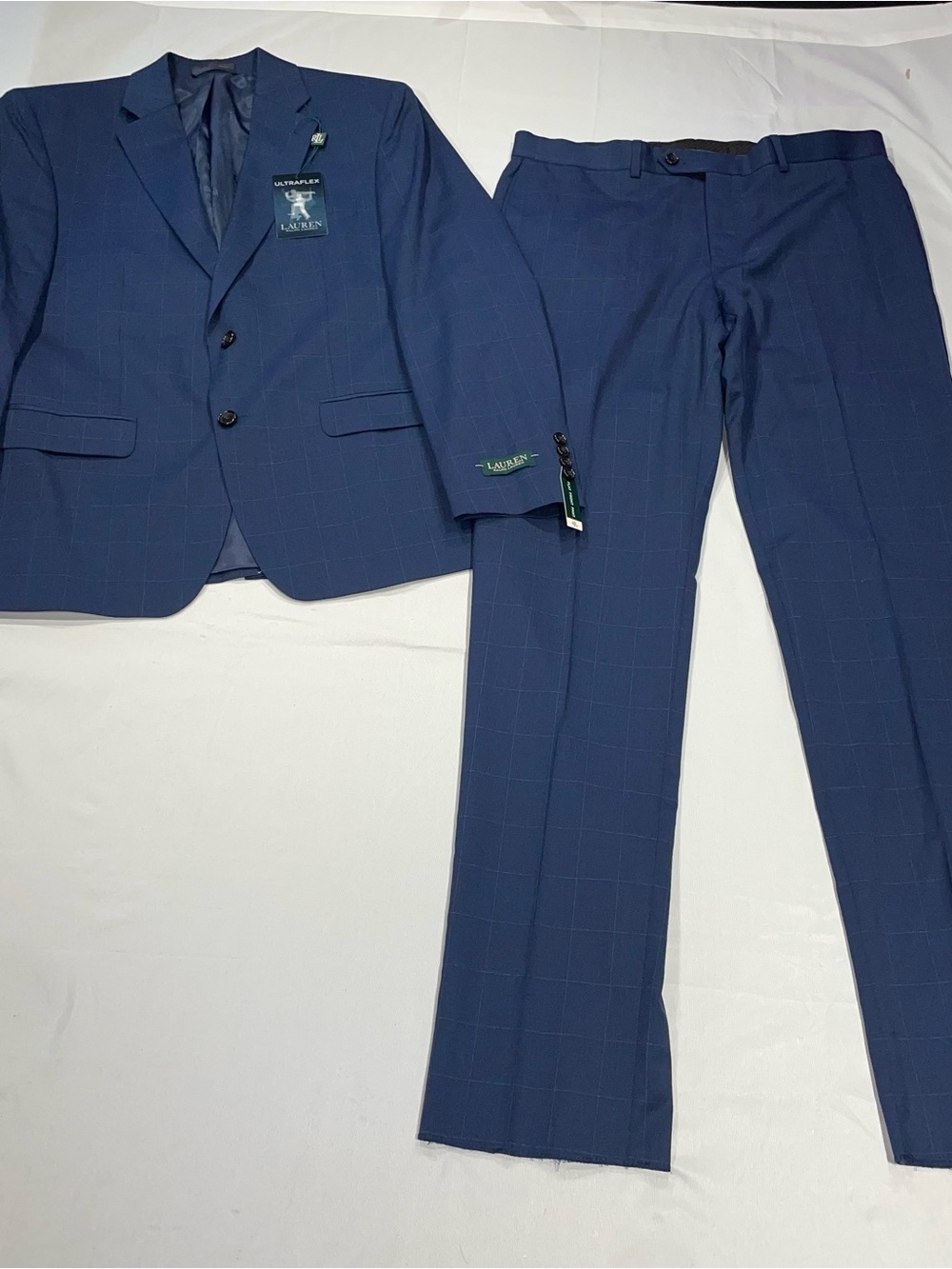 Lauren Ralph Lauren Mens Lexington Suit Navy Windowpane 40S 34W Ultraflex NEW